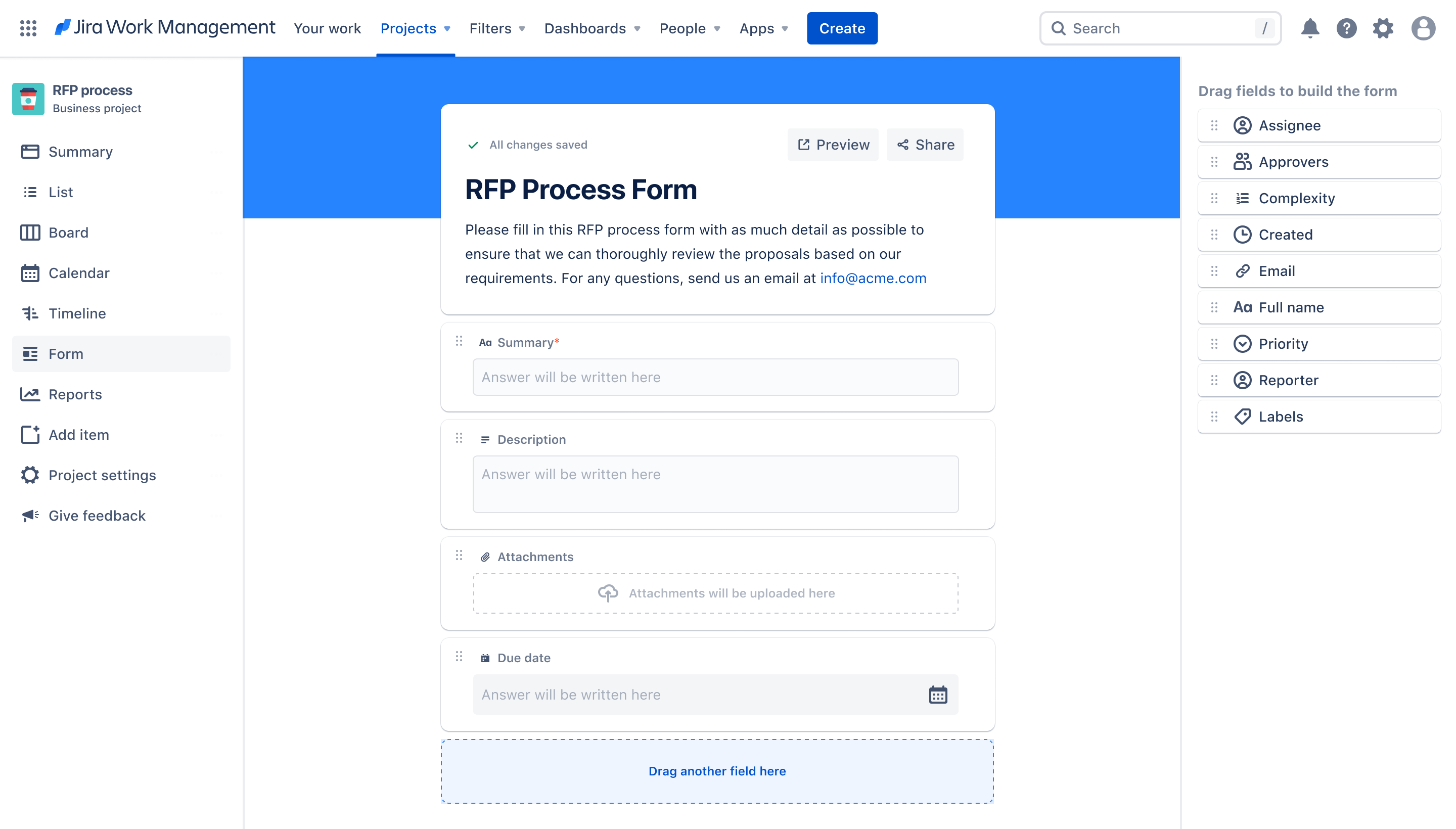 RFP process form from Jira Work Management