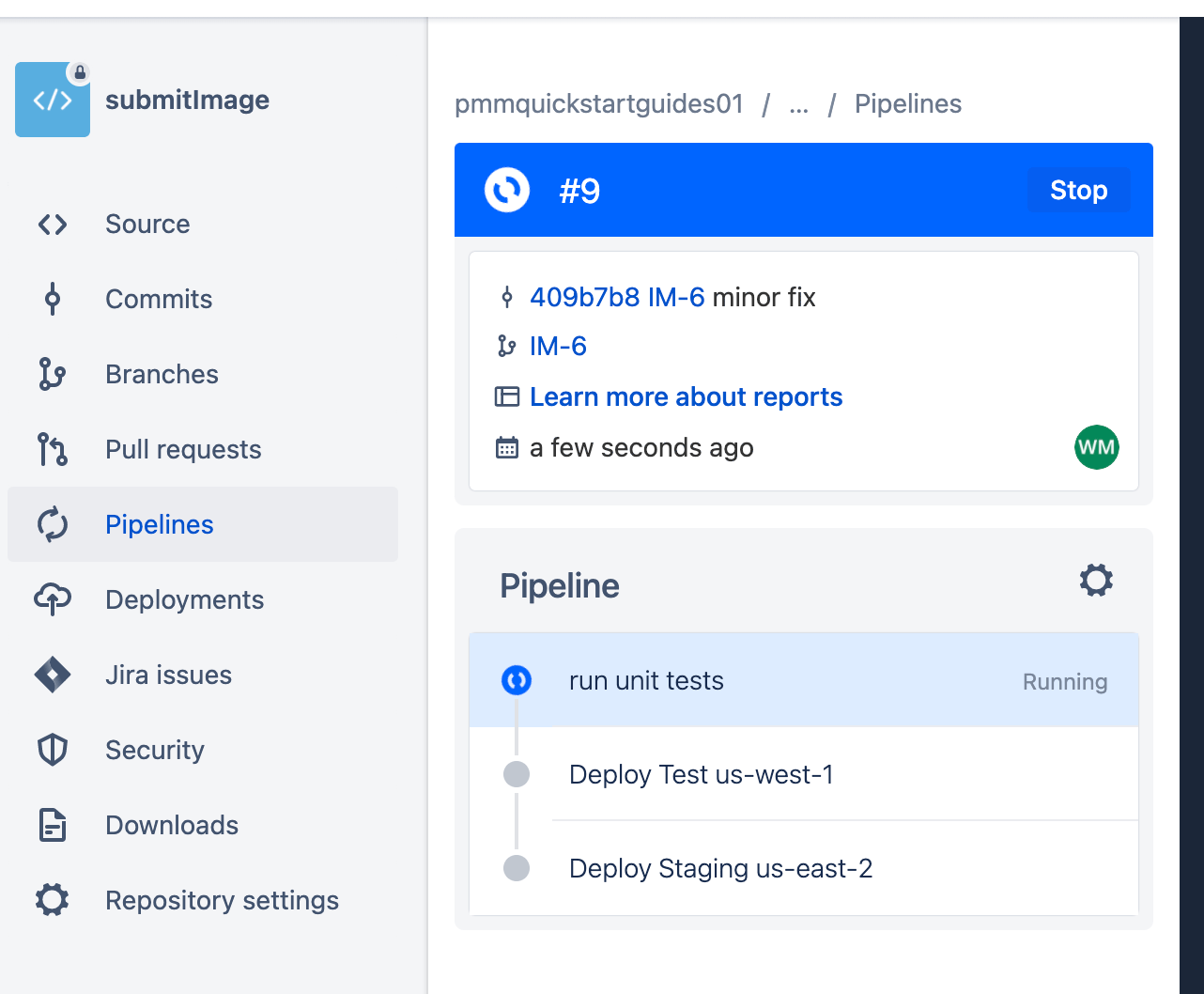 Captura de tela dos pipelines do Bitbucket Cloud