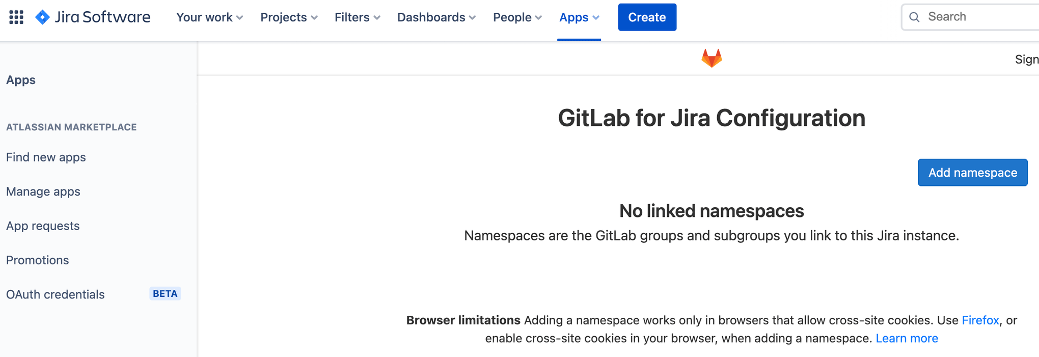 Tela para adicionar um namespace à configuração do GitLab Jira Software