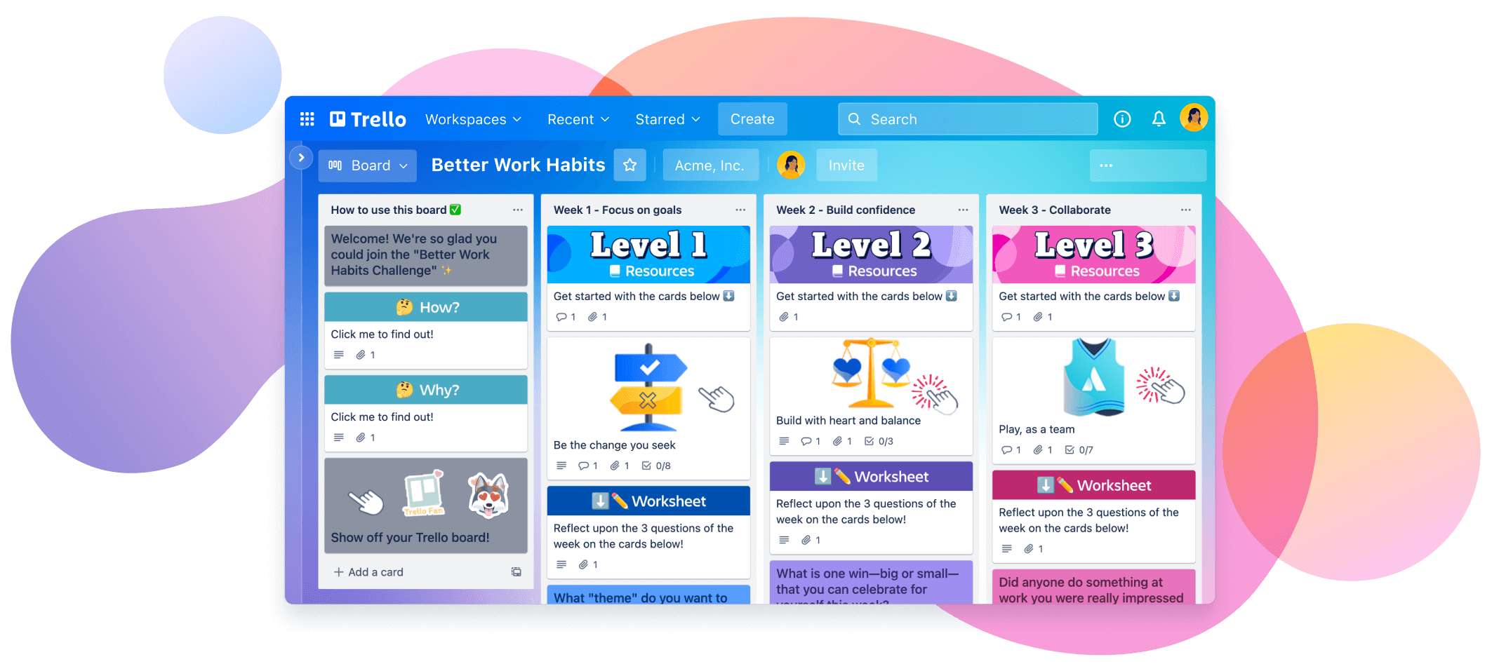 An image of a Trello template with resources and worksheets to guide you to create better work habits.