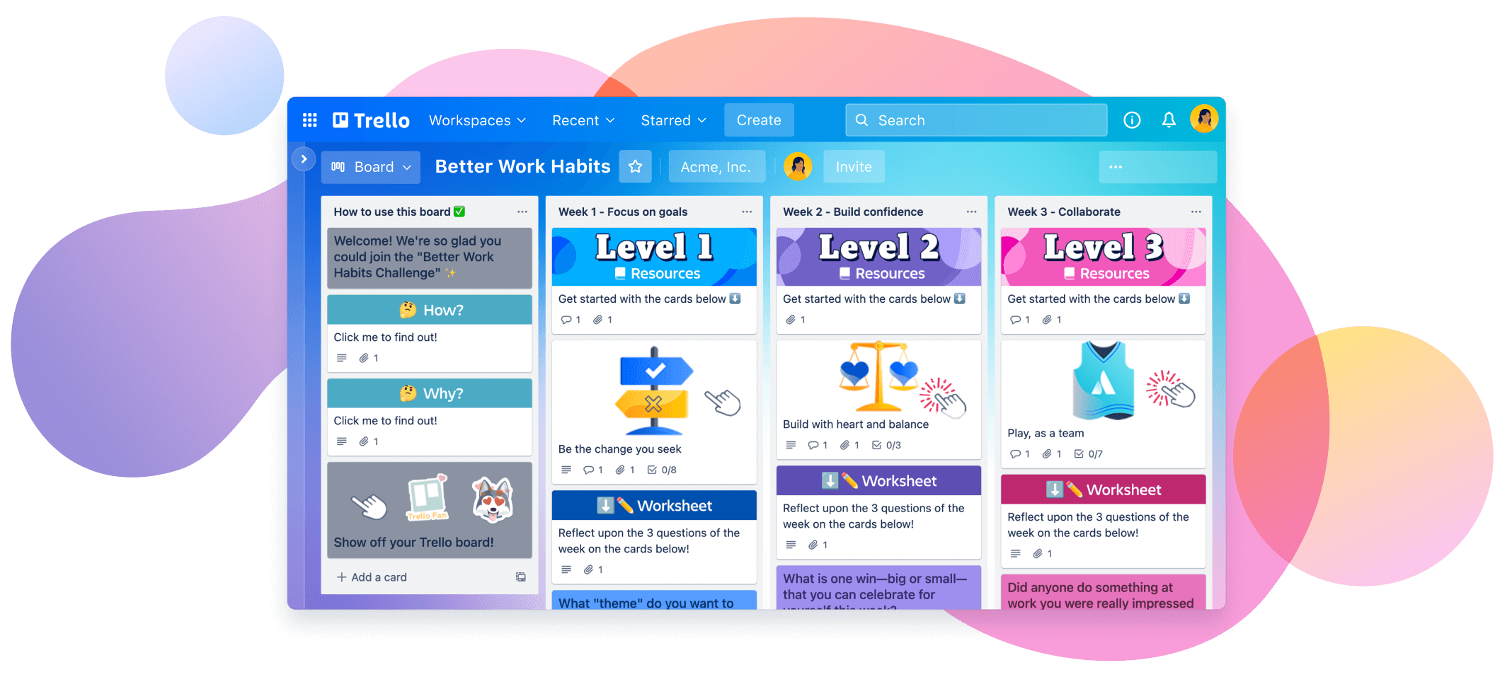 Bild einer Trello-Vorlage mit Ressourcen und Arbeitsblättern, die dir helfen, bessere Arbeitsgewohnheiten zu entwickeln.