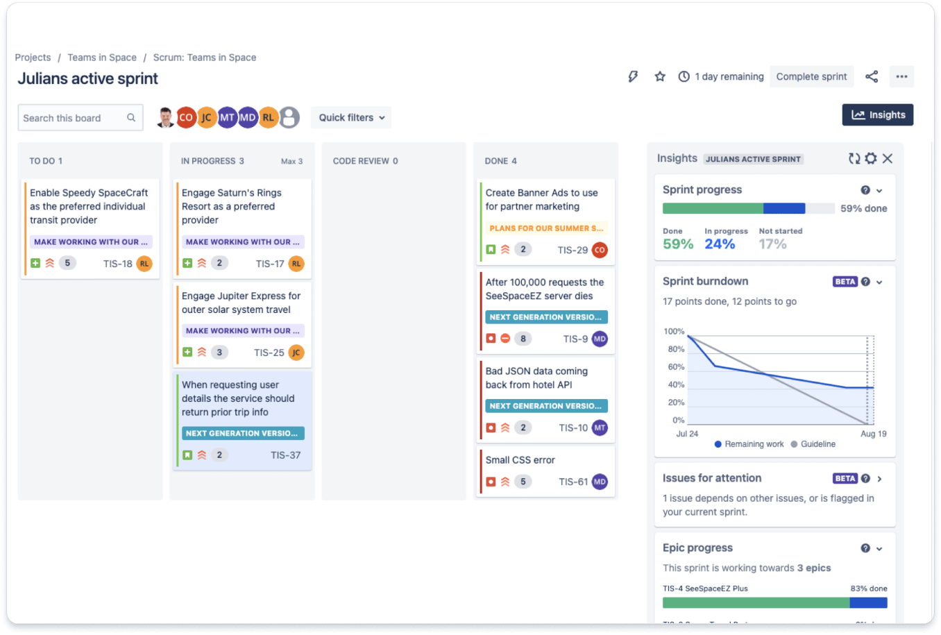 Board-Ansicht eines Kanban-Projekts in Jira Software