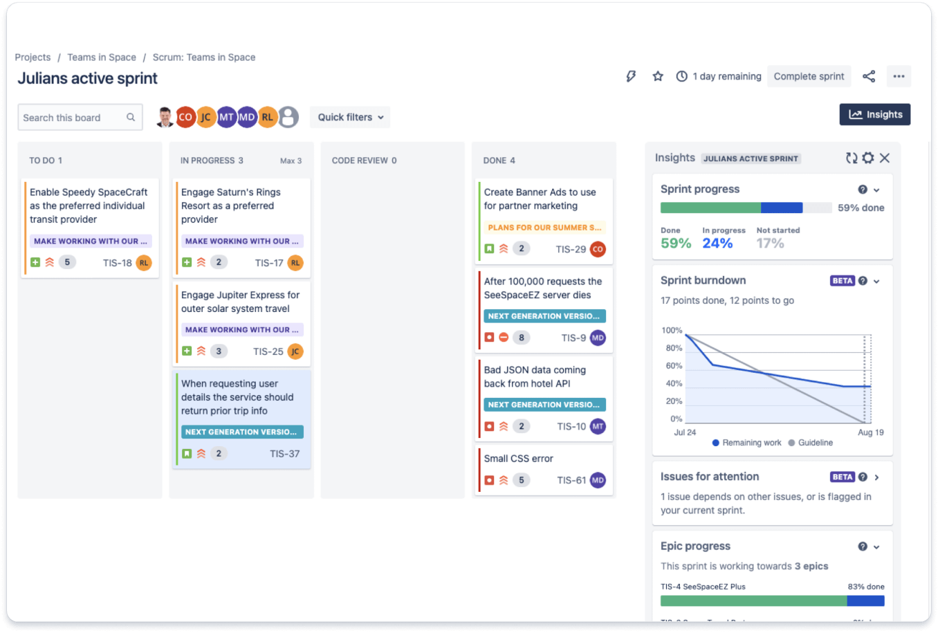 Vista della board di un progetto Kanban in Jira Software