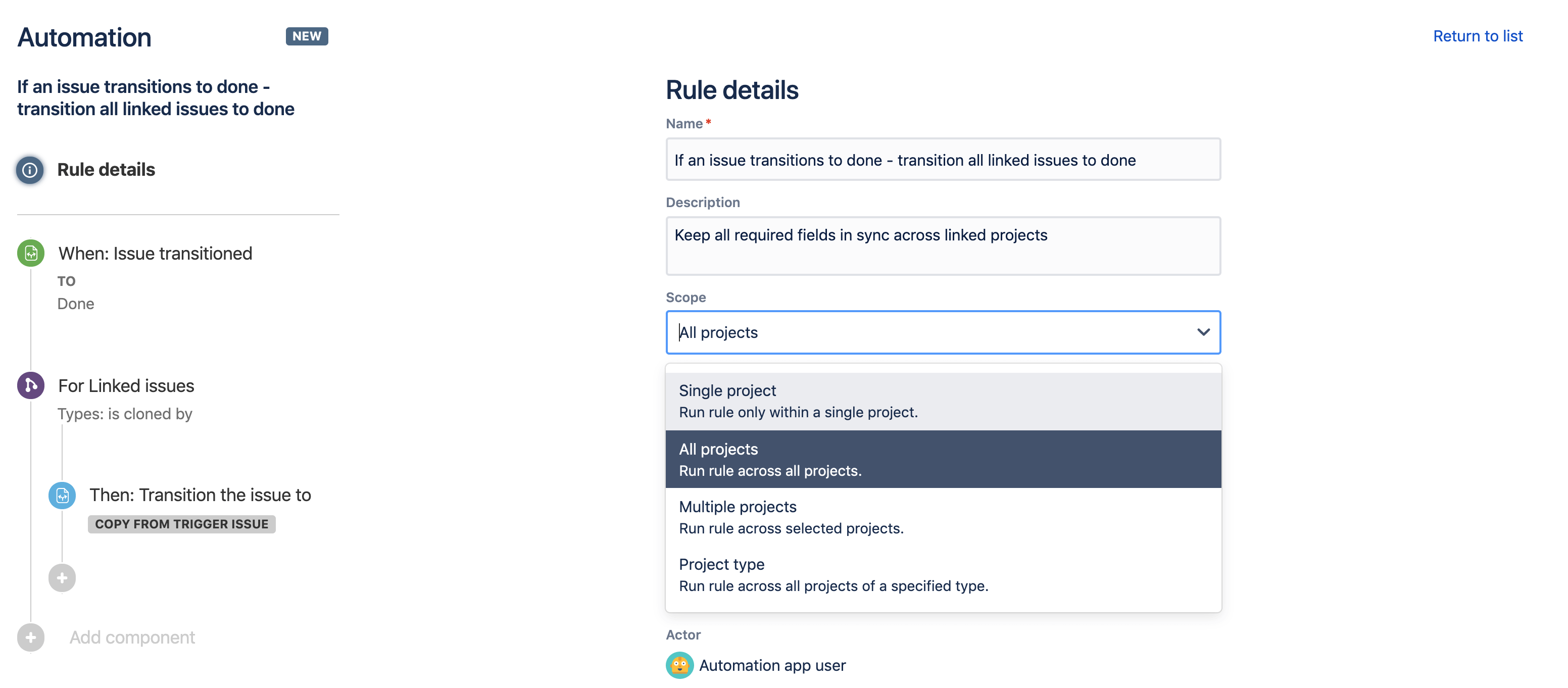 Screenshot delle regole di automazione