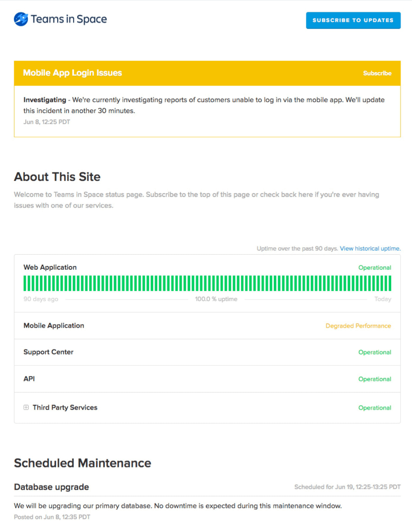 Screenshot demonstrating Statuspage used as a centralized dashboard