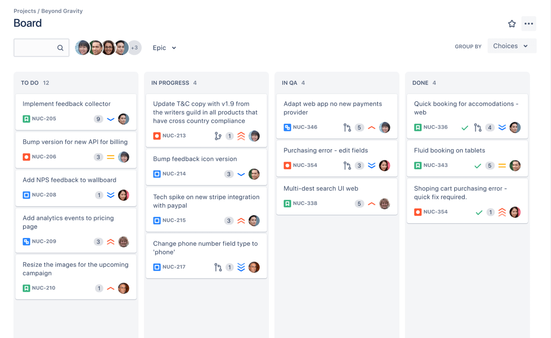 Jira Software project tracking Board view showing To Do, In Progress, and Done tasks.