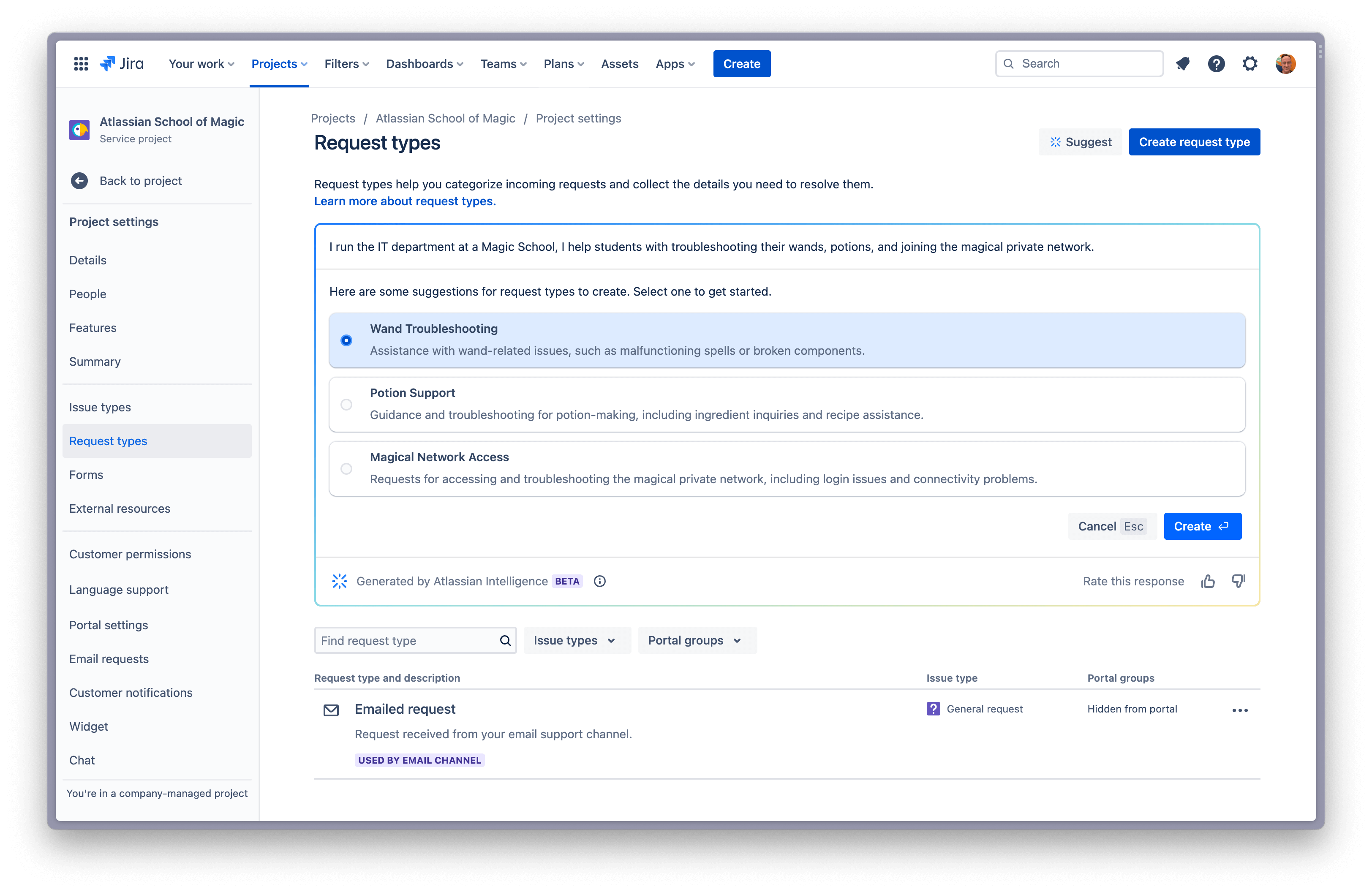 Selecting from a list of three request types to create, generated by Atlassian Intelligence