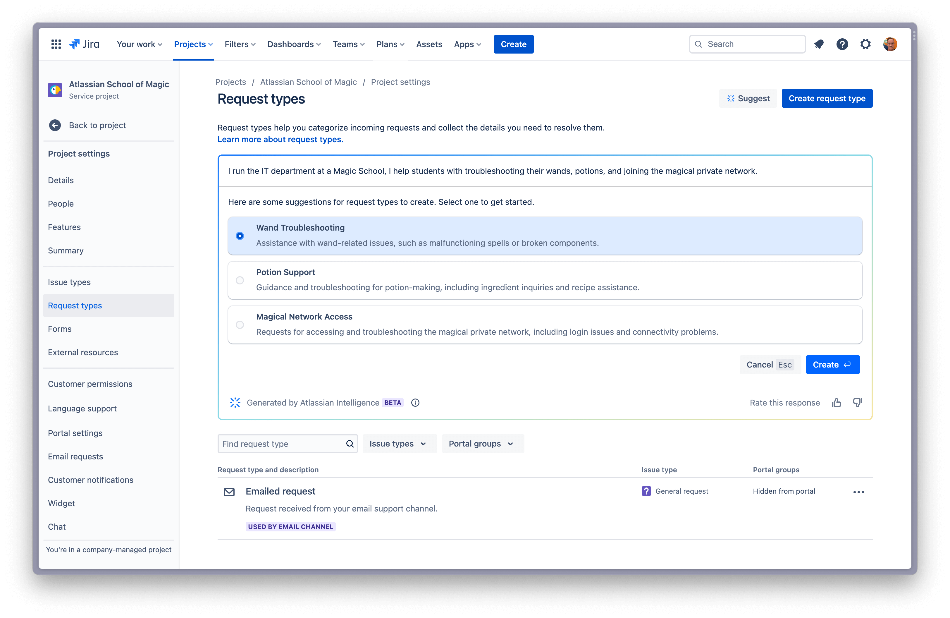 Kies uit een lijst van drie aanvraagtypen die zijn gegenereerd door Atlassian Intelligence