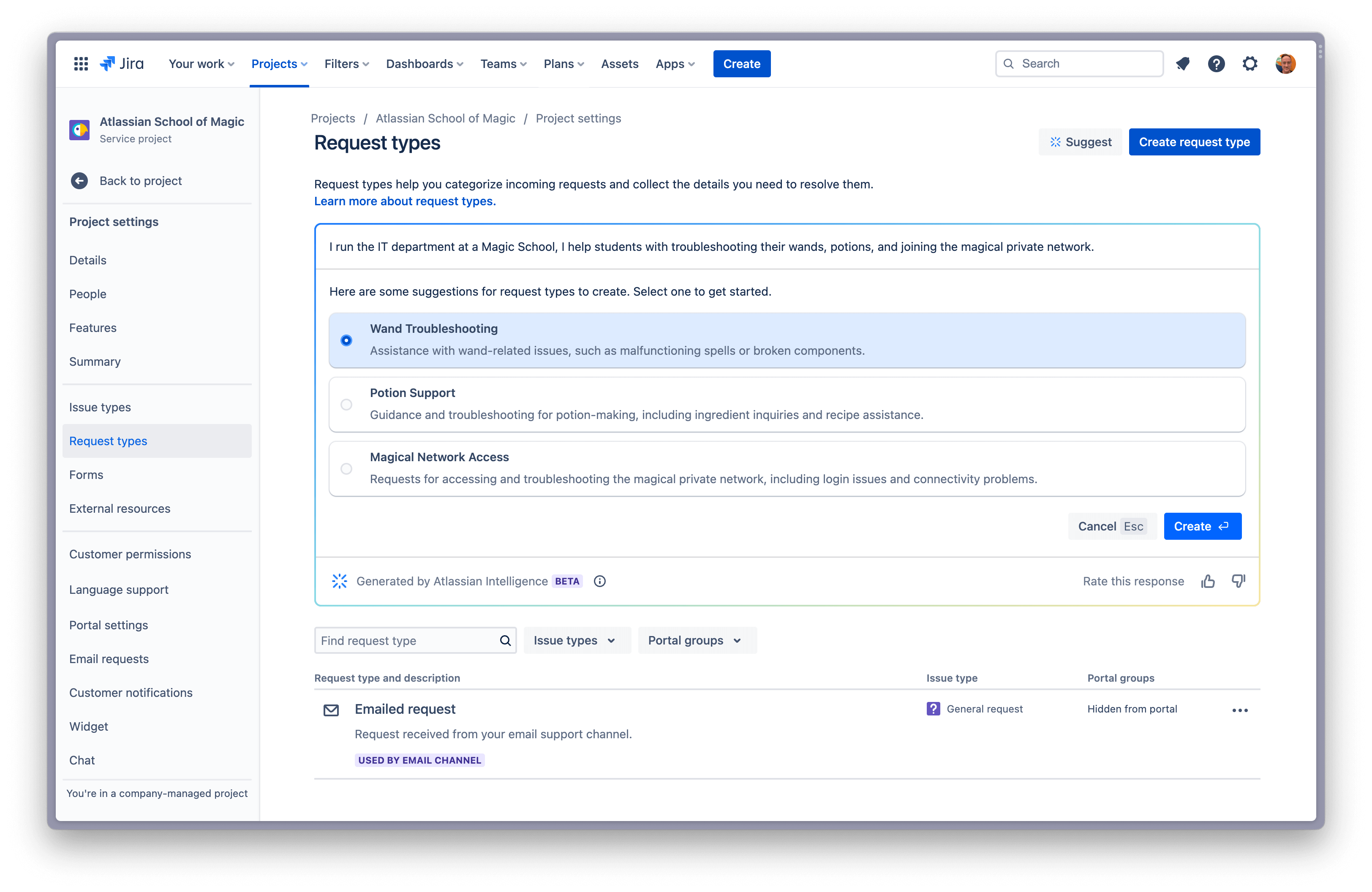 Selezione da un elenco di tre tipi di richiesta da creare, generati da Atlassian Intelligence