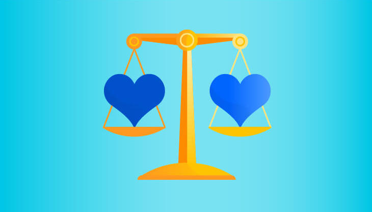 Get paid to give back illustration of a balanced scale, holding one heart on each side