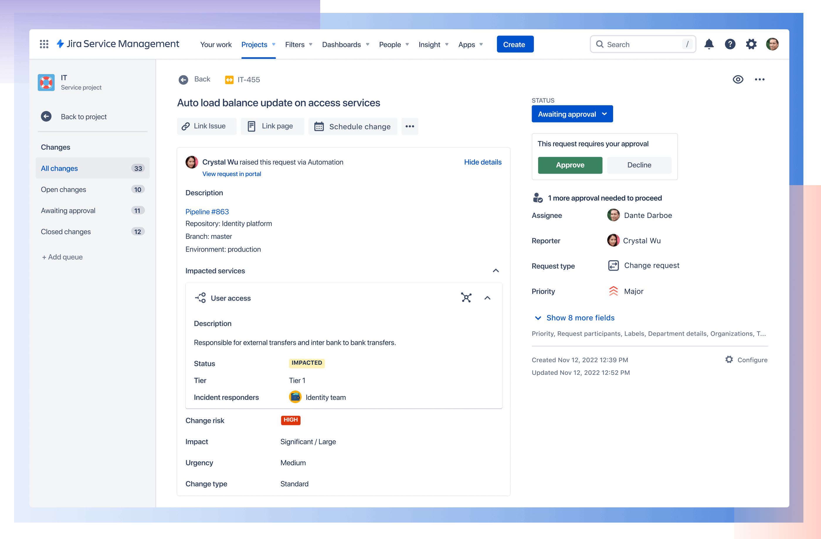 Visualização da solicitação do Jira Service Management com dados da pull request integrada