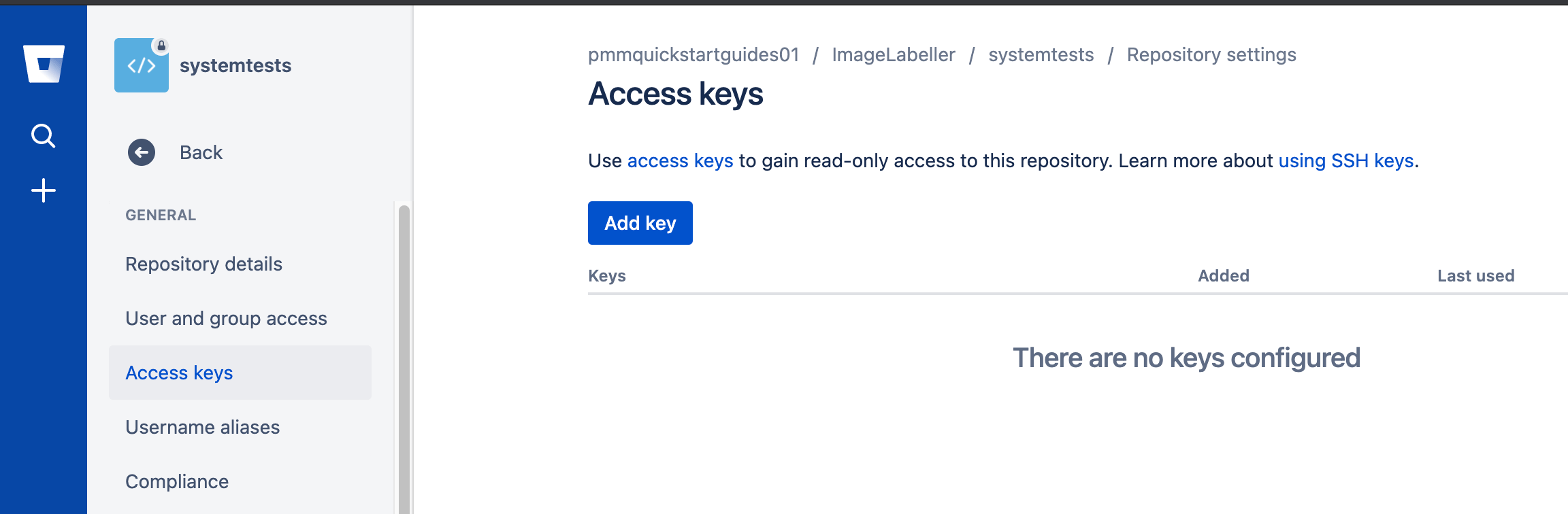 Pagina delle impostazioni delle chiavi di accesso in Bitbucket