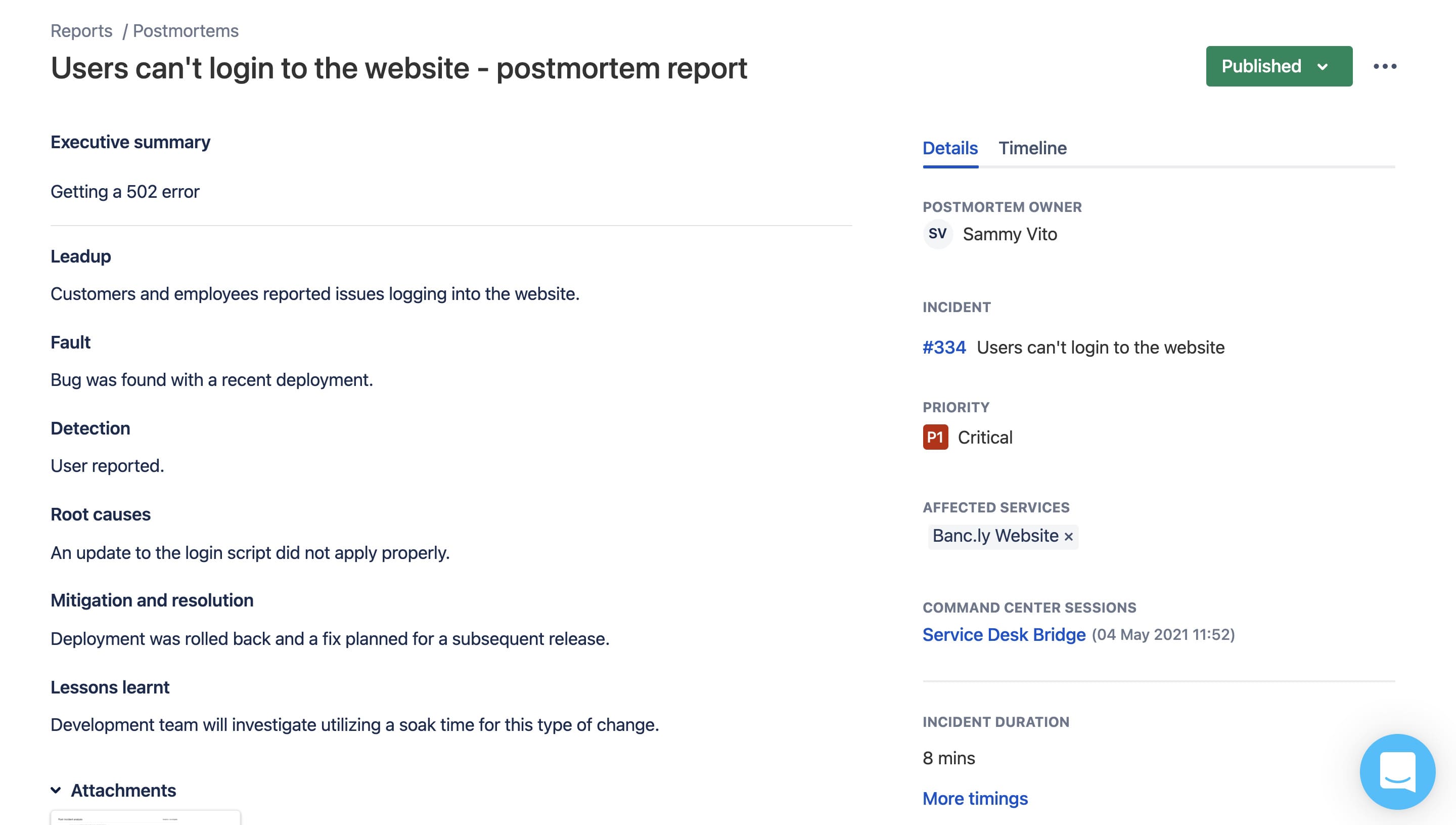 Elemento di azione dal report dell'analisi retrospettiva