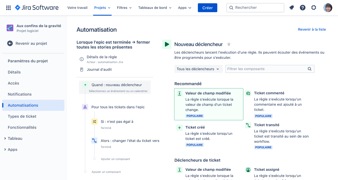 Écran d'automatisation dans Jira Software