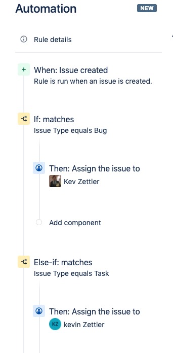 Repeat the steps to add an action to the Else-if condition. The example below illustrates how to create an additional action that assigns the issue to another user.