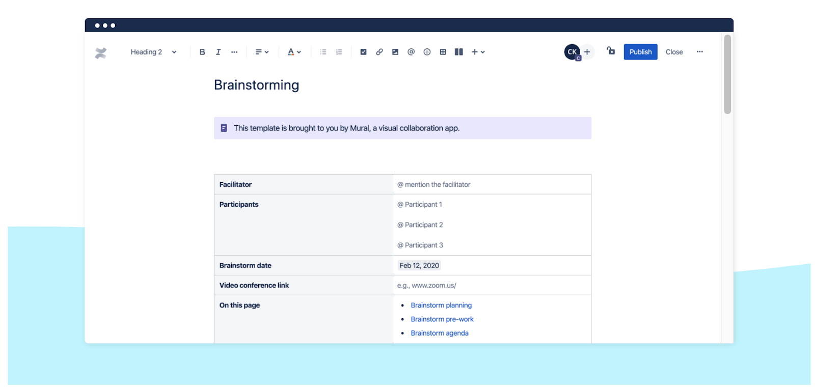 Modello per il brainstorming di Confluence