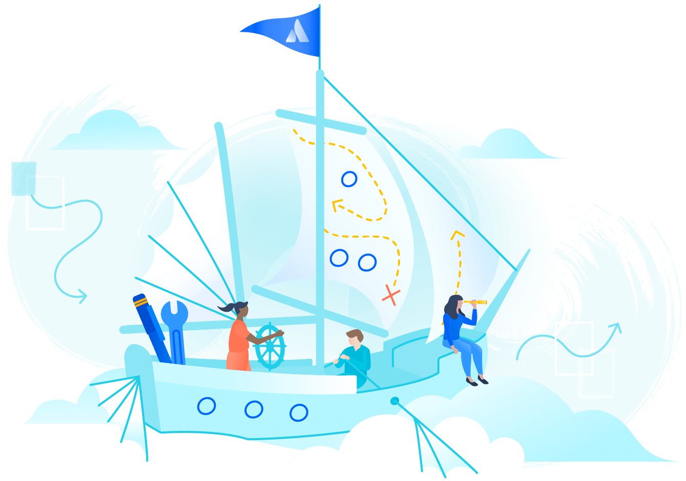 Een illustratie van een team dat samen een schip bestuurt