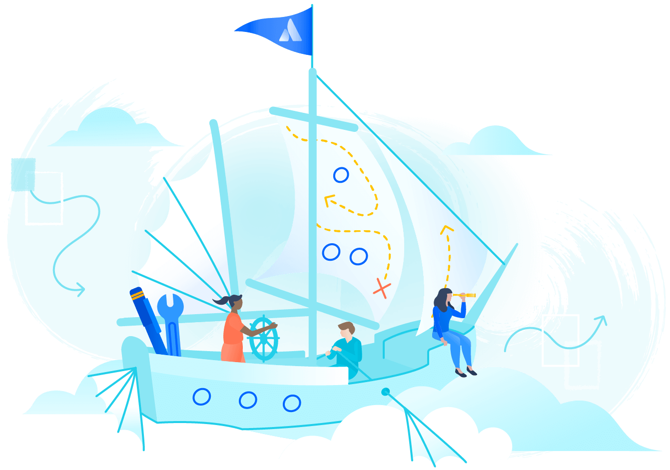 Ilustración de un equipo que colabora para navegar en un barco