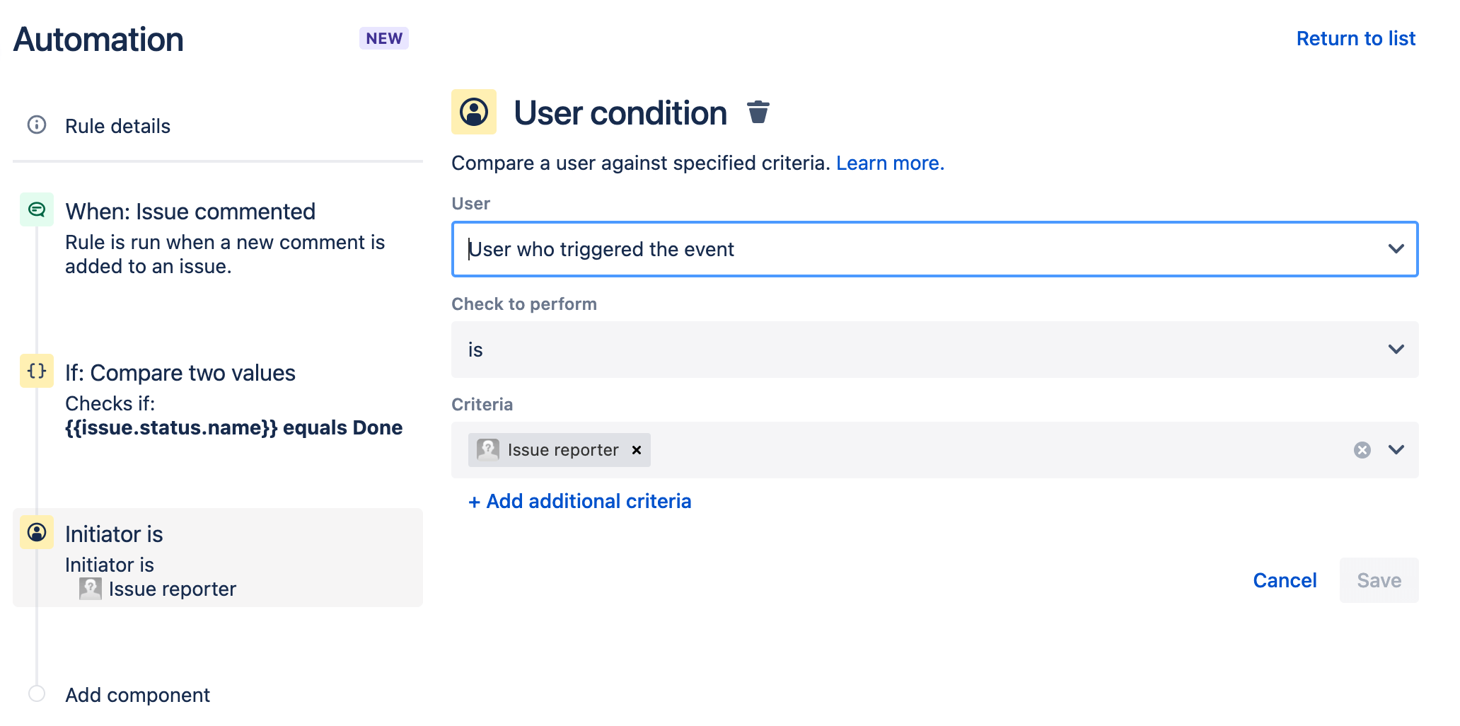 Ustawianie warunku użytkownika do automatyzacji w systemie Jira Service Management