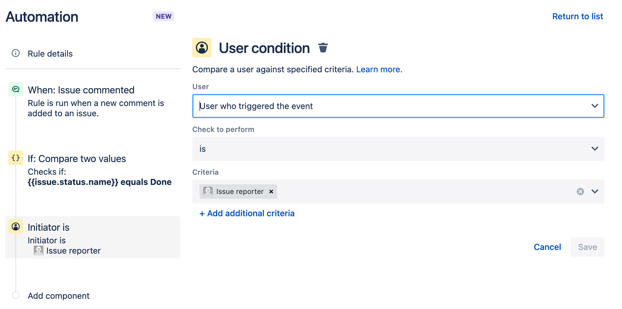 Setting a user condition for automation in Jira Service Management