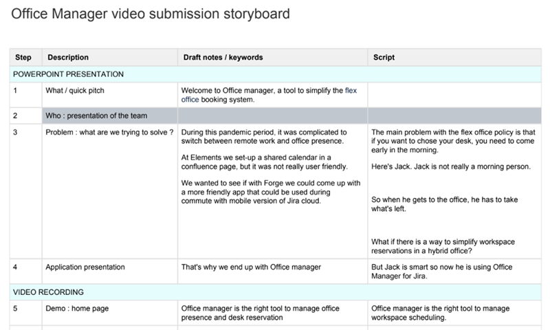 screenshot of an office manager Video submission storyboard