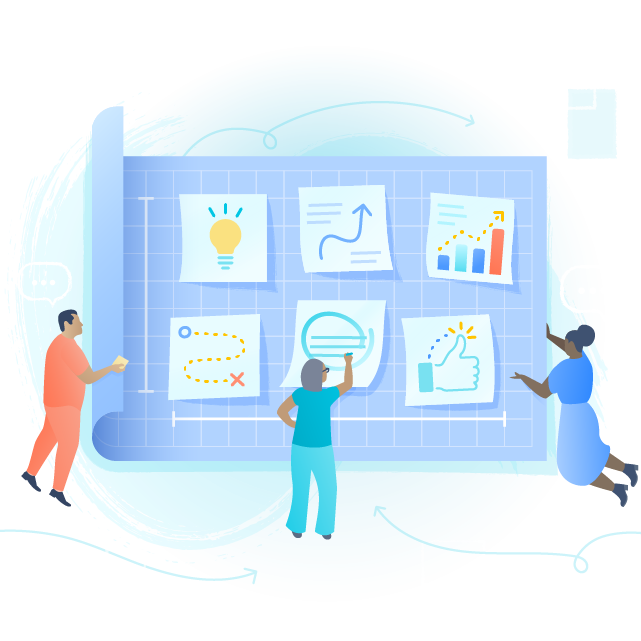 Un team che organizza note adesive contenenti scenari, idee e piani.