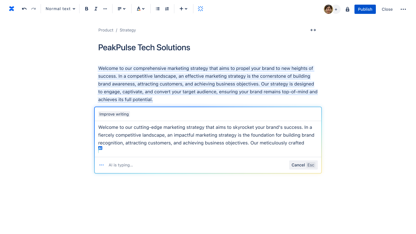 Experiencia de edición basada en IA de Atlassian en Confluence