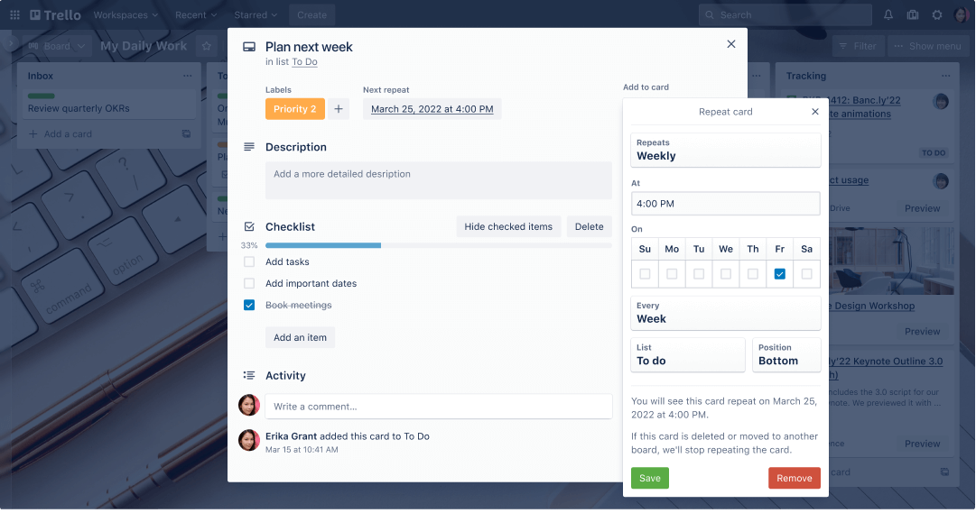 Trello カード: 詳細なウィークリー プランのチェックリストと、カードの表示と頻度をカスタマイズするオプション