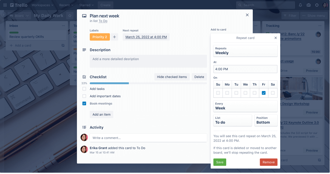 Trello card showing a detailed weekly plan checklist and options to customize card views and frequency