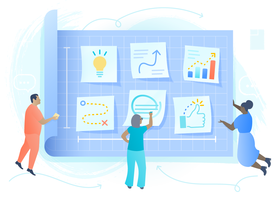 Un team che organizza note adesive contenenti scenari, idee e piani.