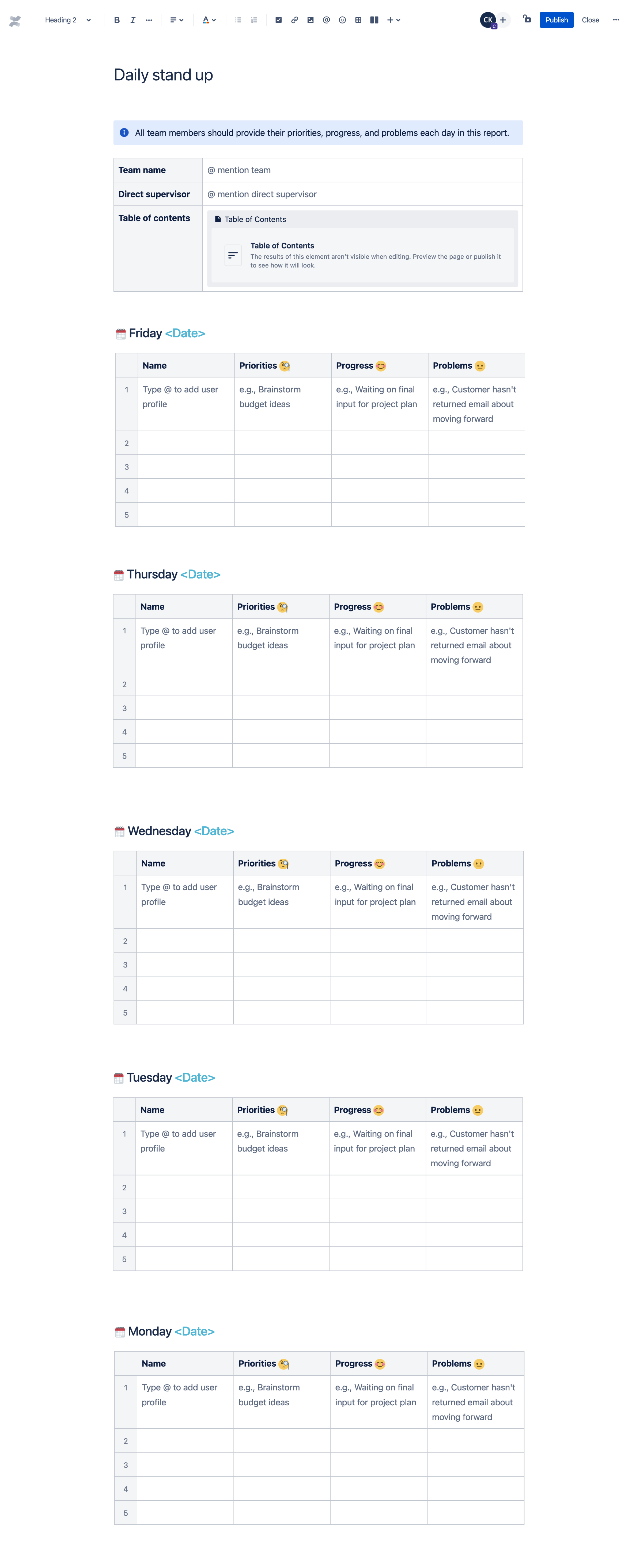 Daily stand up template - by Atlassian