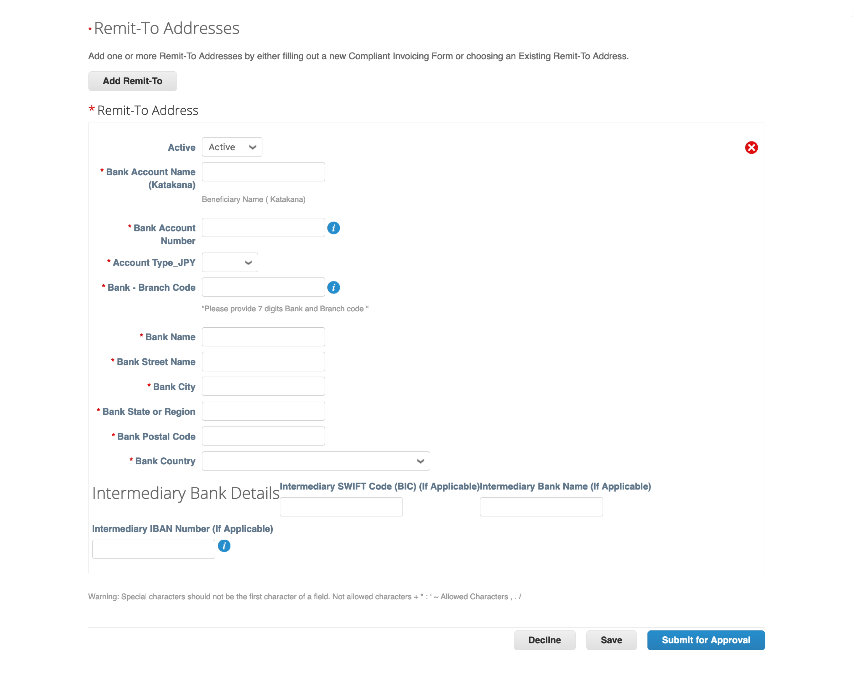 Japan Domestic Remit-To Address forms Coupa Supplier