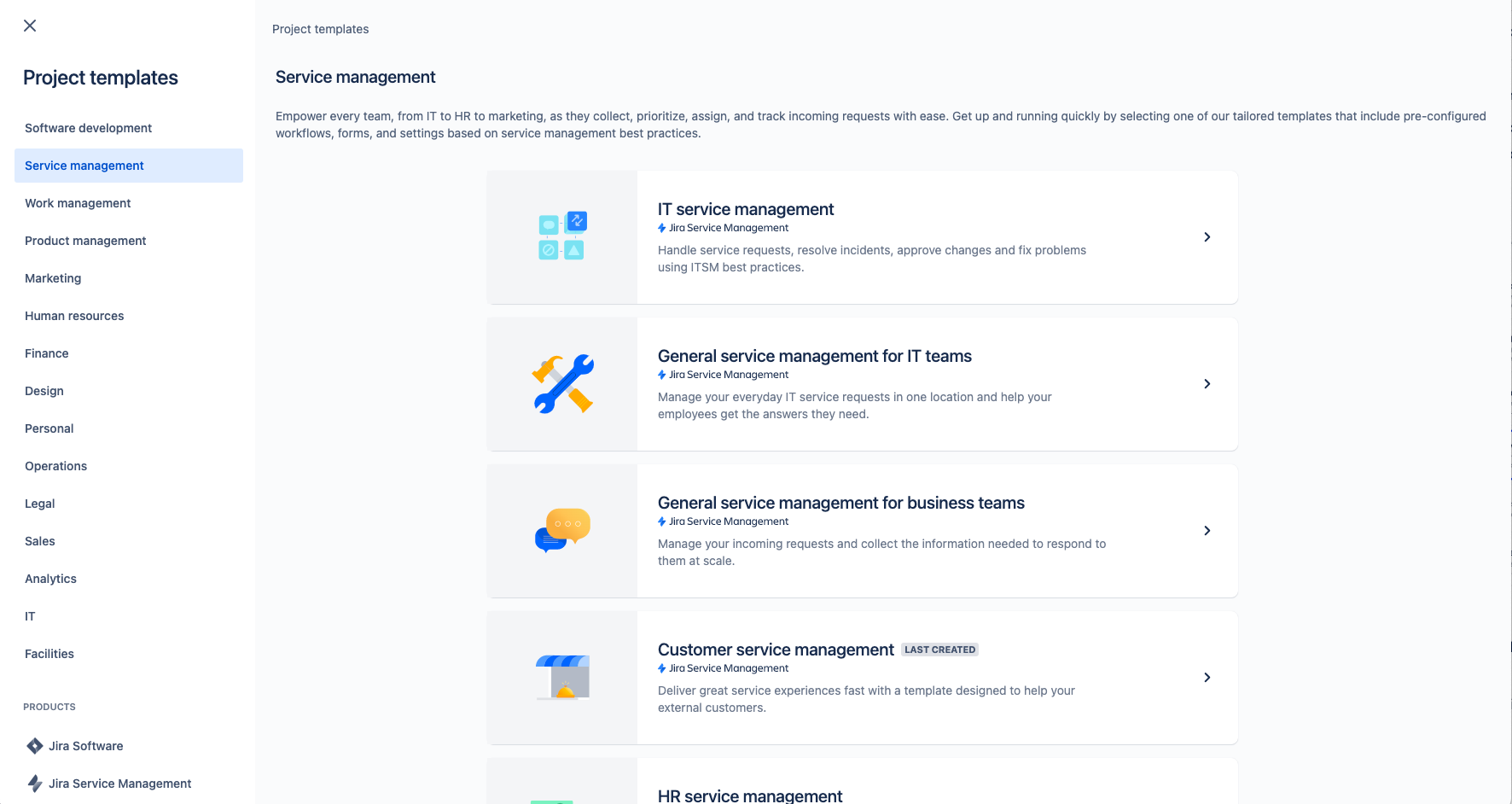Screenshot: Projektvorlage für das Kundenservicemanagement