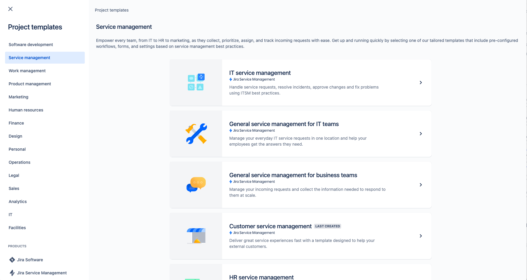 capture d'écran du modèle de projet de gestion des services client