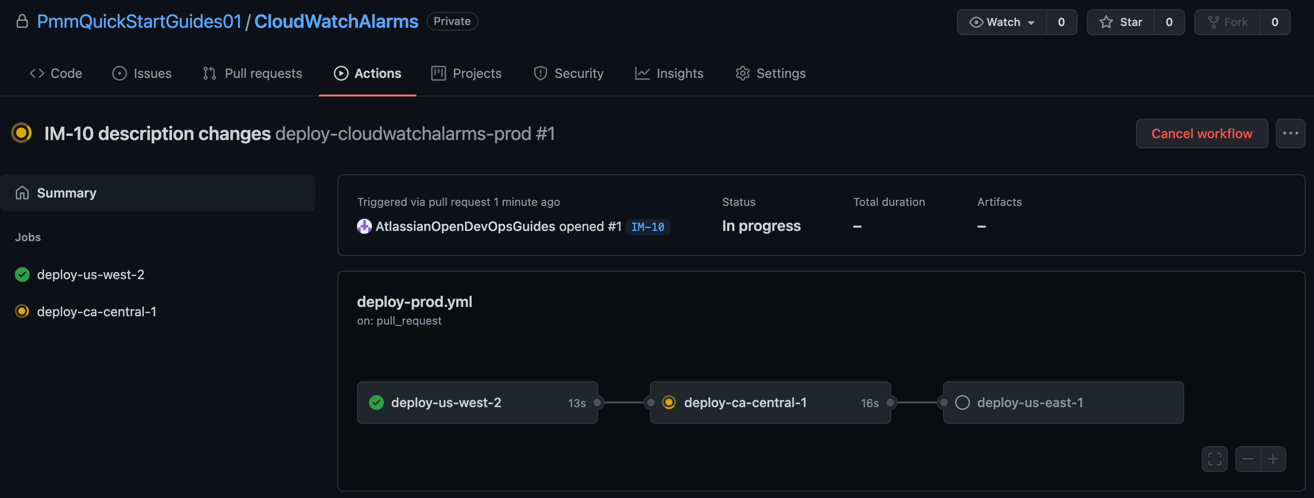 captura de pantalla de la implementación del entorno de producción en github