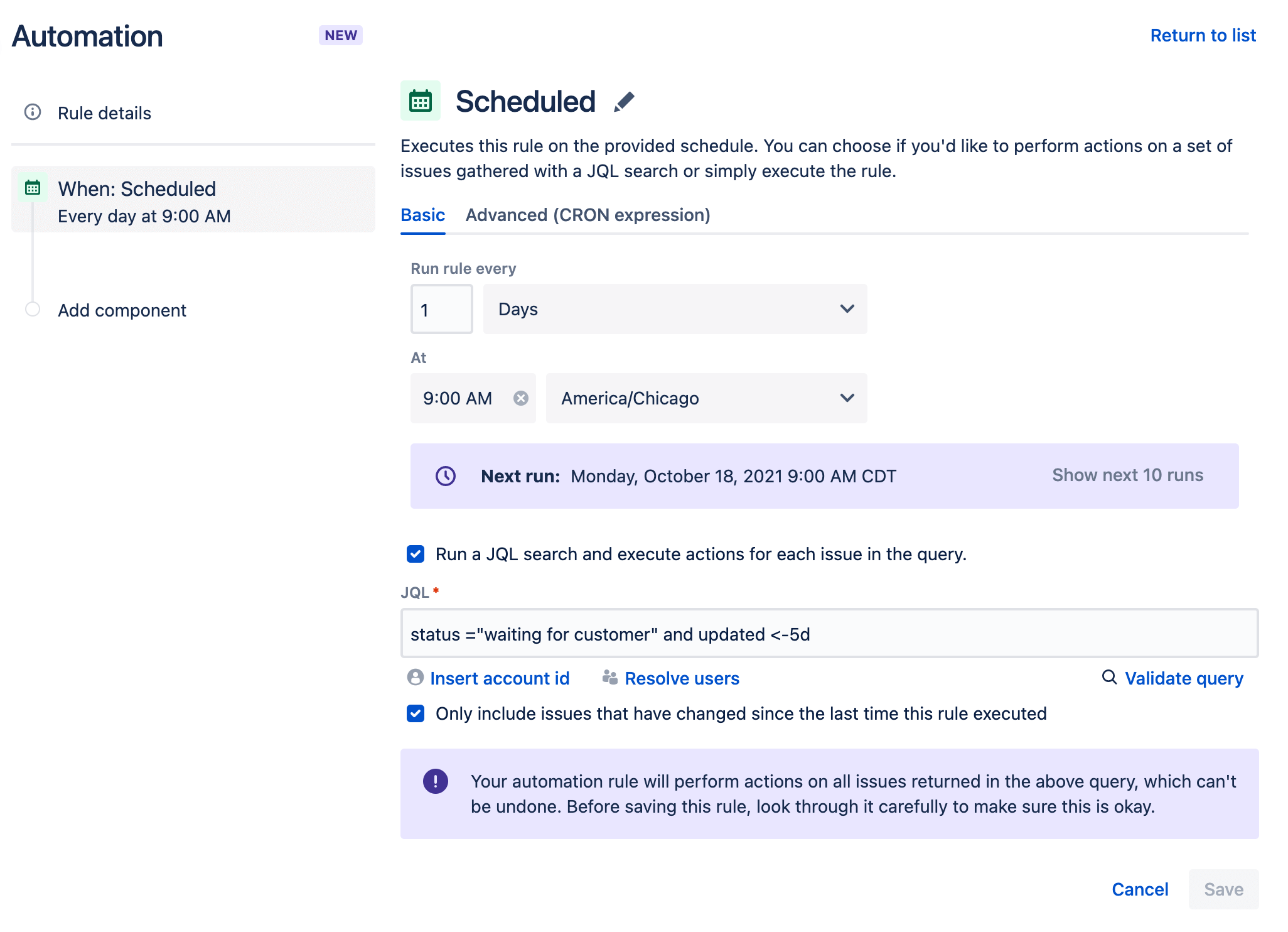 Jira Service Management에서 automation에 대한 예약된 트리거
