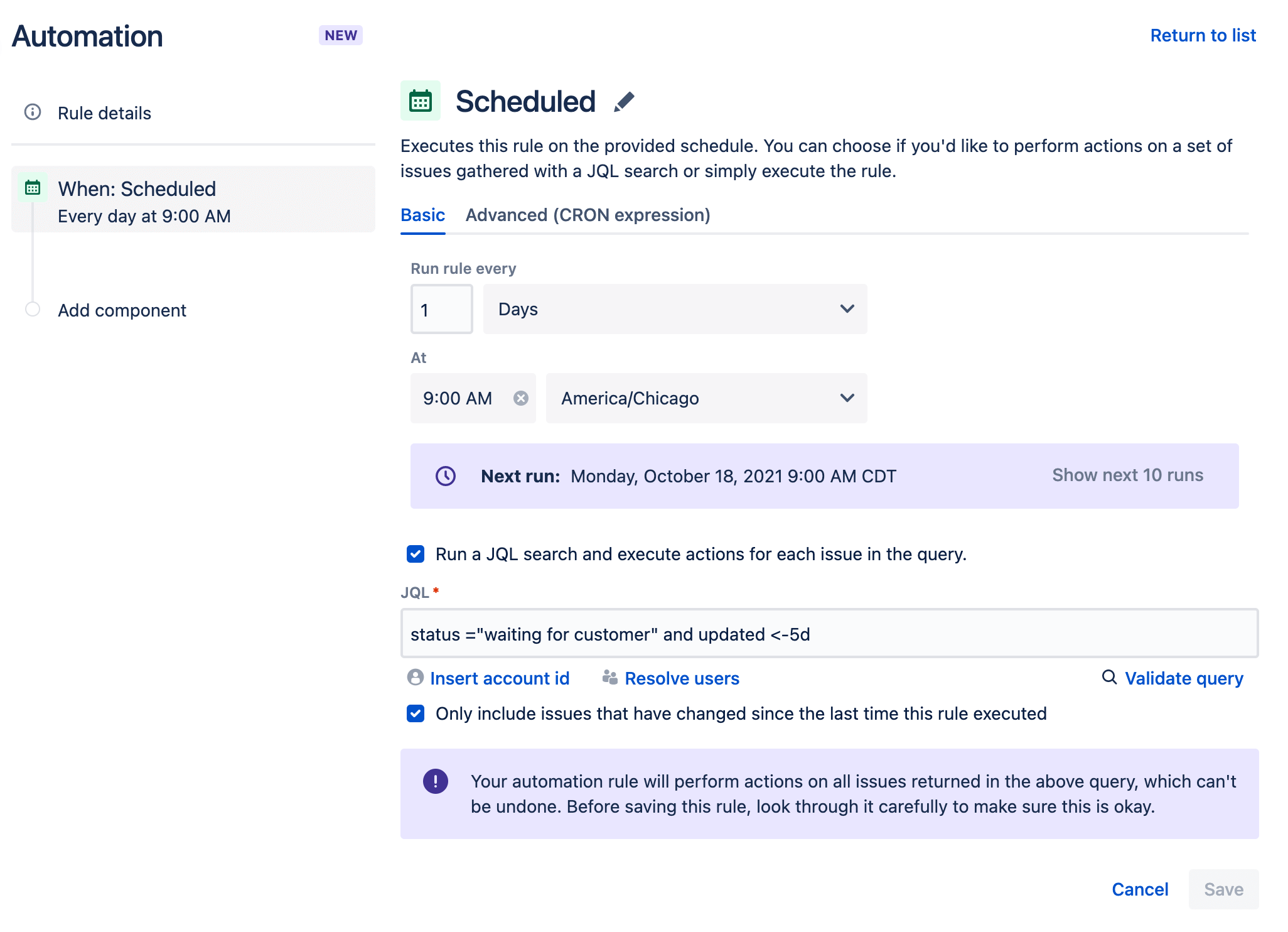 Scheduled trigger for automation in Jira Service management
