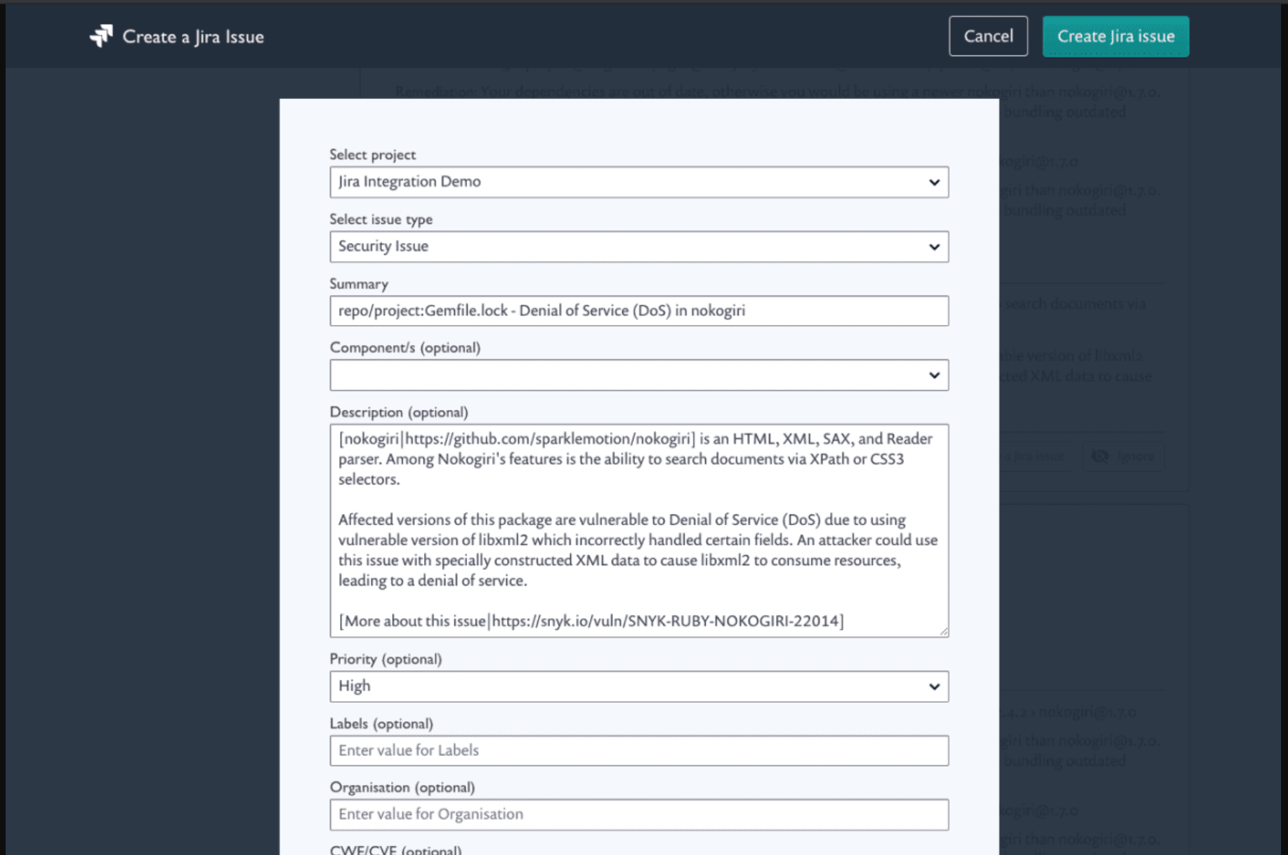 Jira Issue Form Fields within Snyk UI