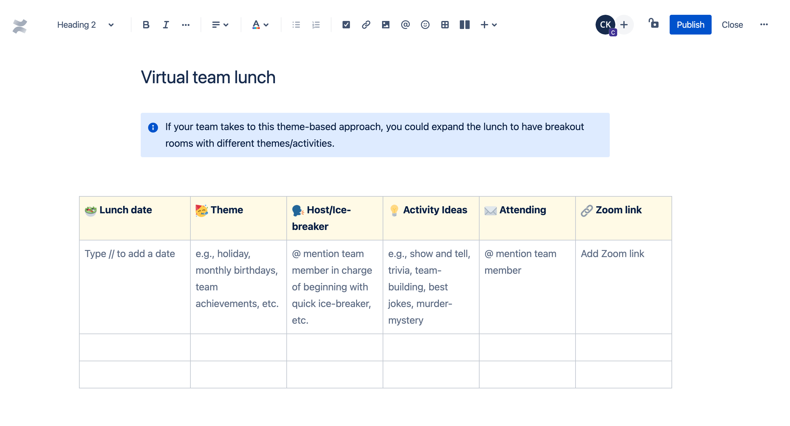 Modello di pranzo virtuale con il team