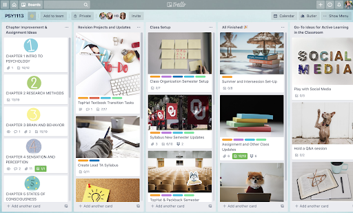 University of Oklahoma Trello cards