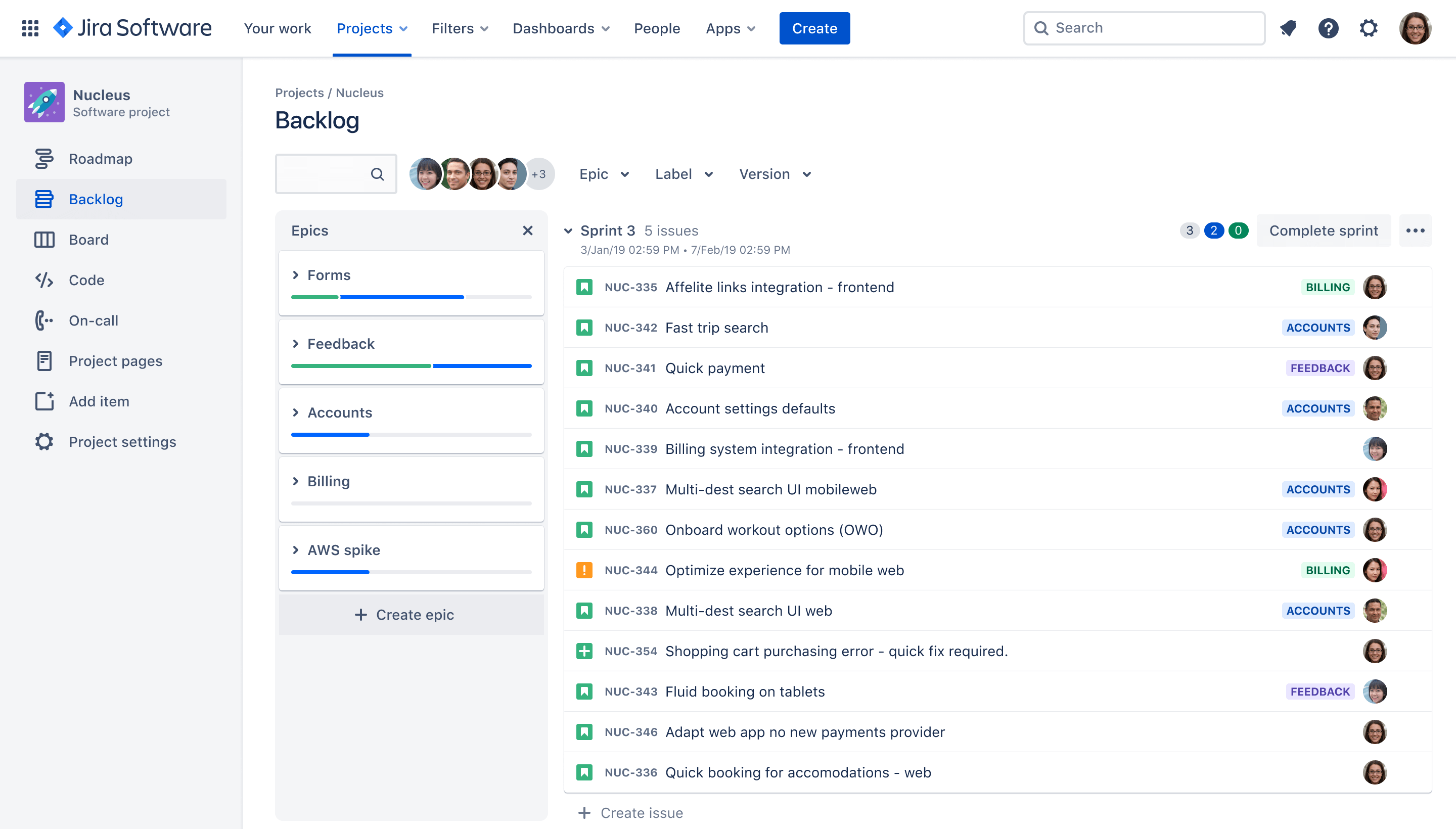 Vue du backlog d'un projet Scrum dans Jira Software