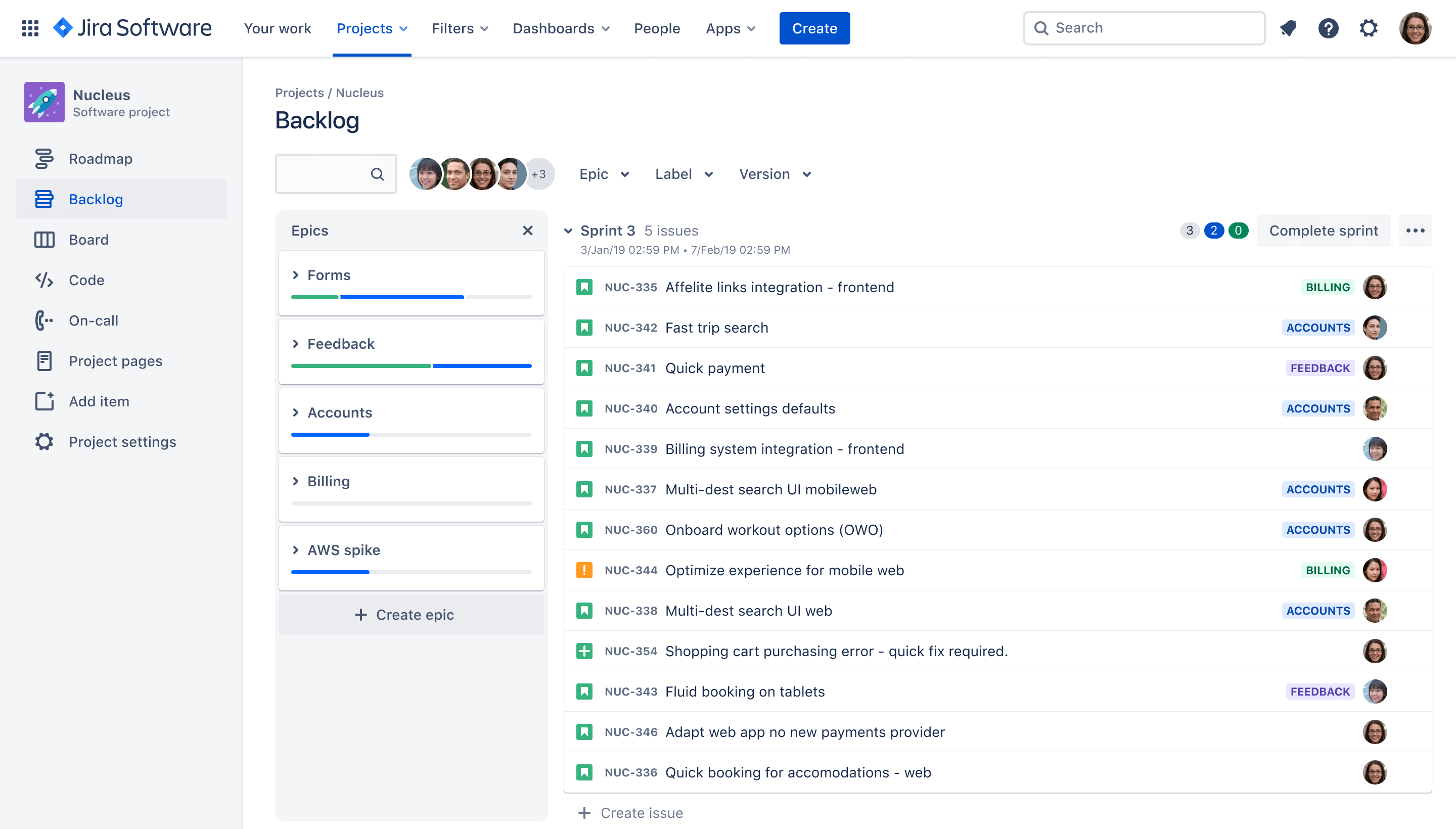 Backlog view of a scrum project in Jira Software