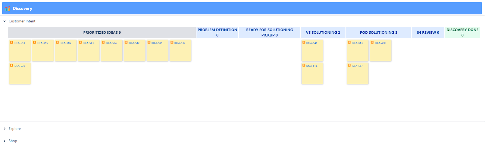 Delivery details, where users can drill down into user stories, features, and epics (not pictured), plus ideas for new stories, features, etc., using Jira gadgets (pictured)