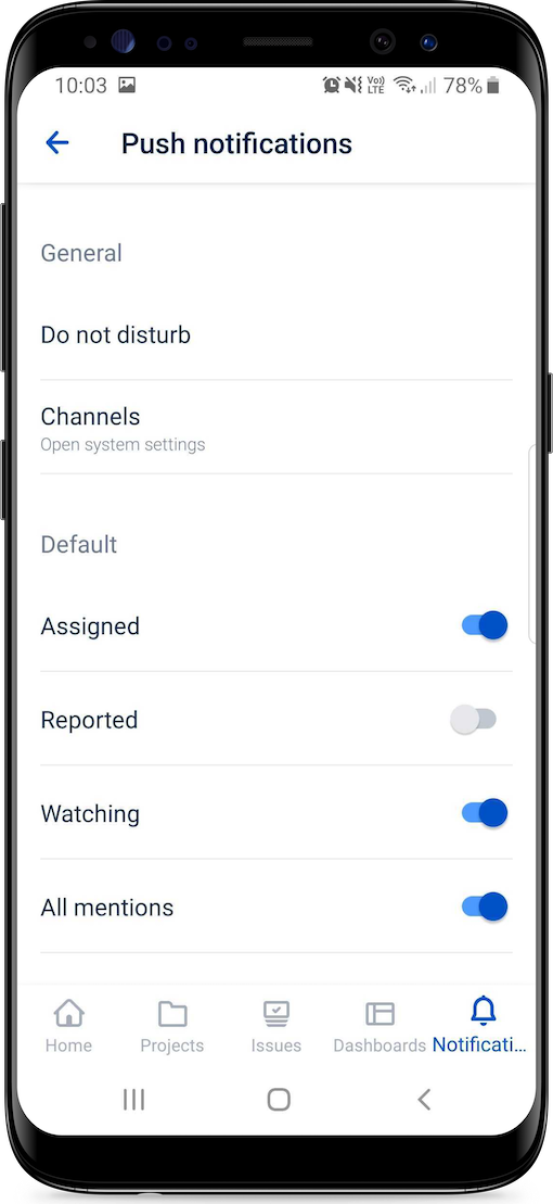Push notification settings (example shown on Android)