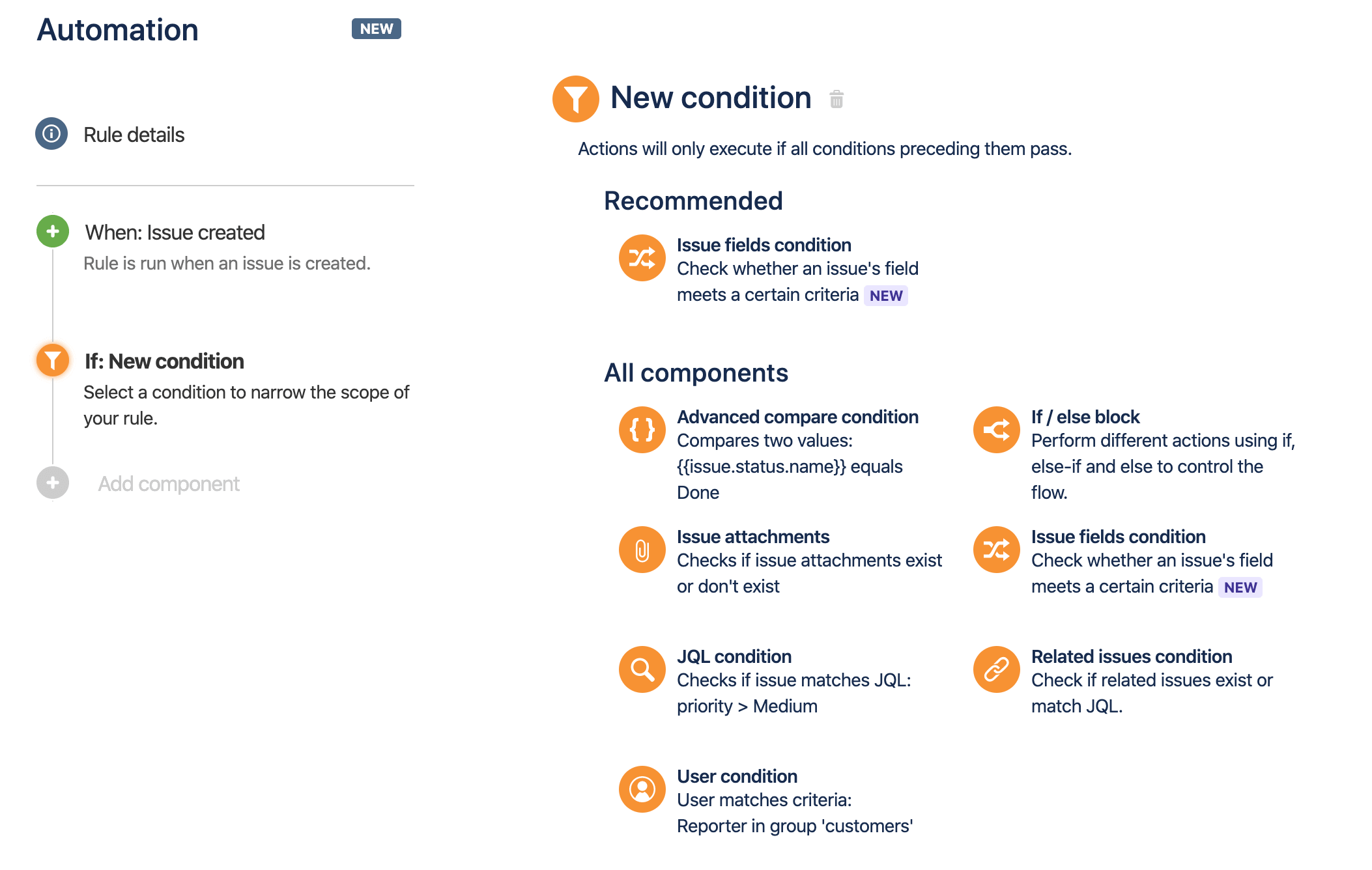 The list of conditions available when creating a rule.