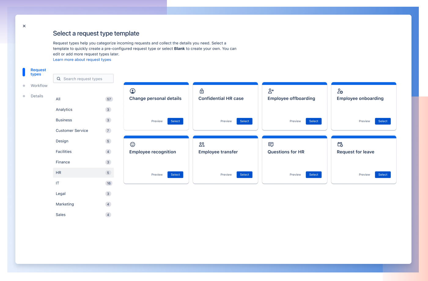 Capture d'écran de modèle de demande Jira Service Management