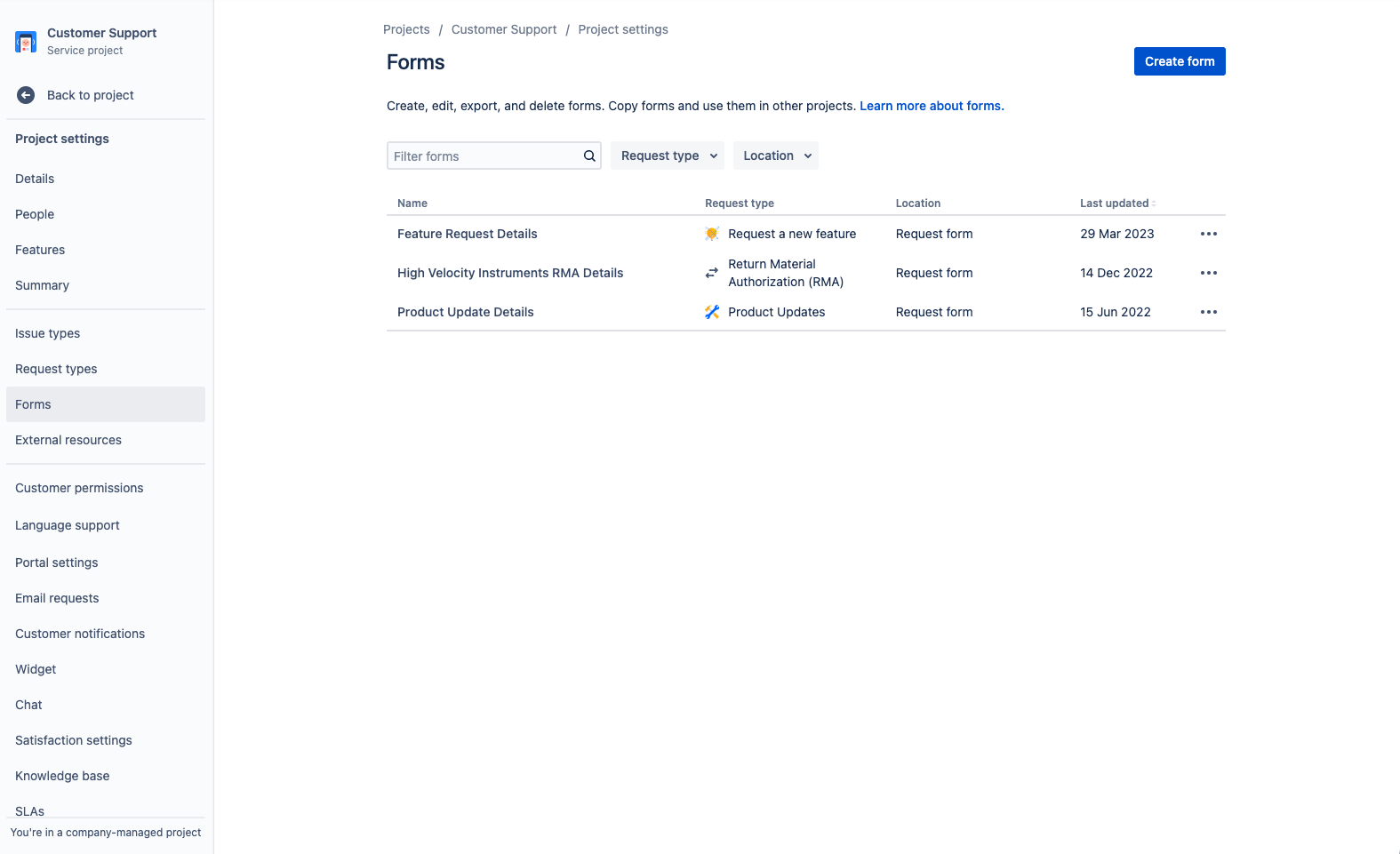 schermafbeelding van een formulier voor klantenservice