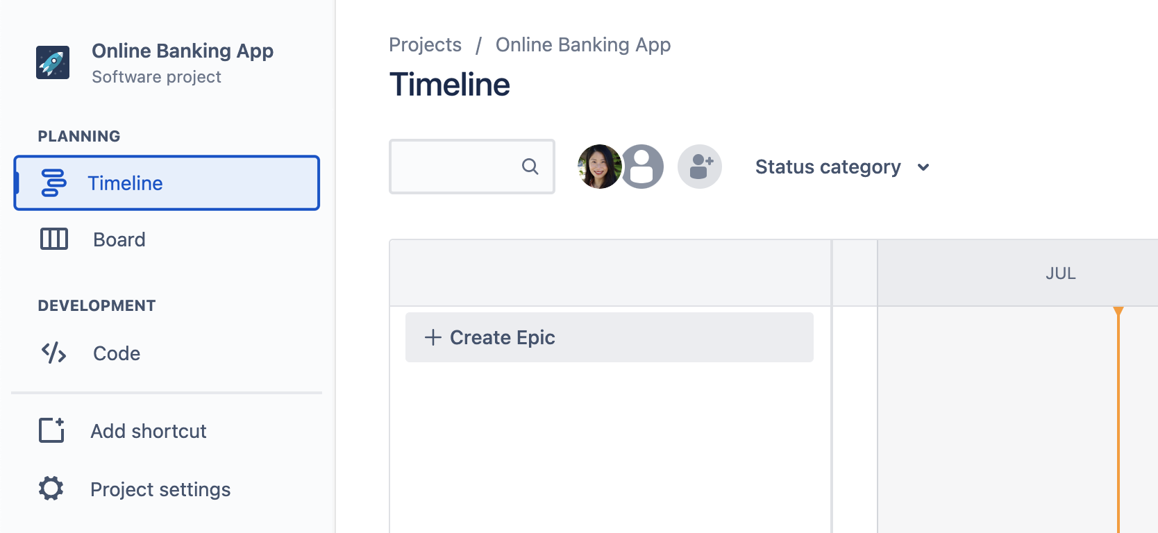 Tworzenie nowego epiku na pustej osi czasu w Jira Software