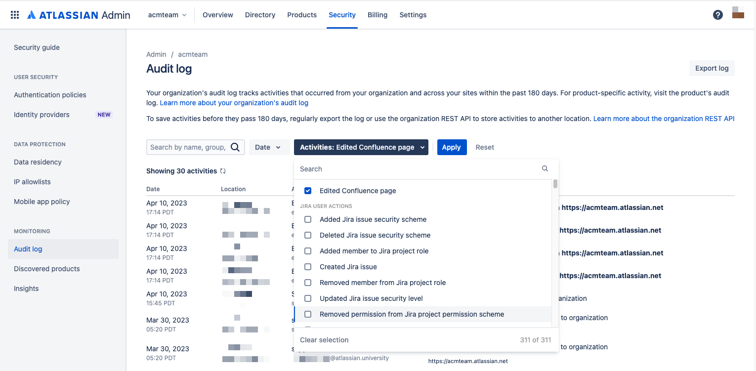 Edited Confluence page setting within dropdown