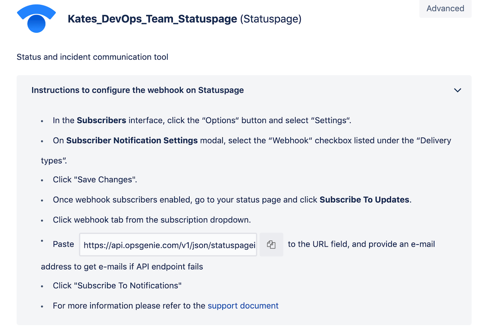 Instructions pour configurer des webhooks sur Statuspage